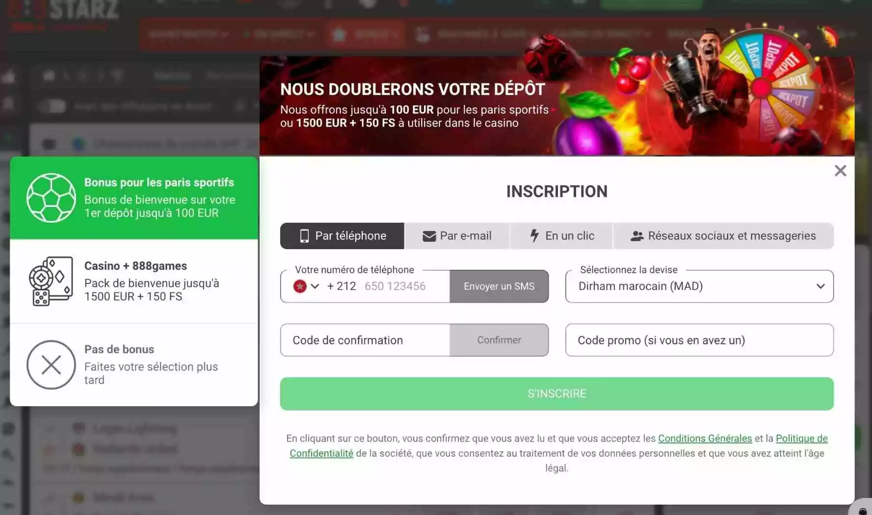 888starz Maroc Choisissez votre méthode d’inscription